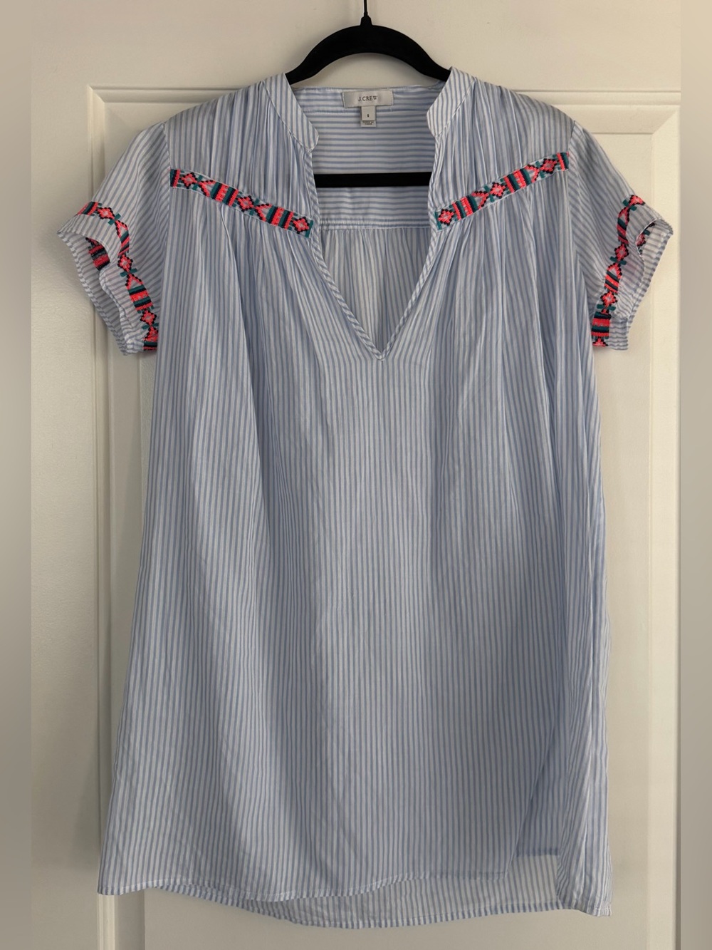 J. Crew Light Blue & White Striped Embroidered V-Neck Tunic/Swim Cover-up
